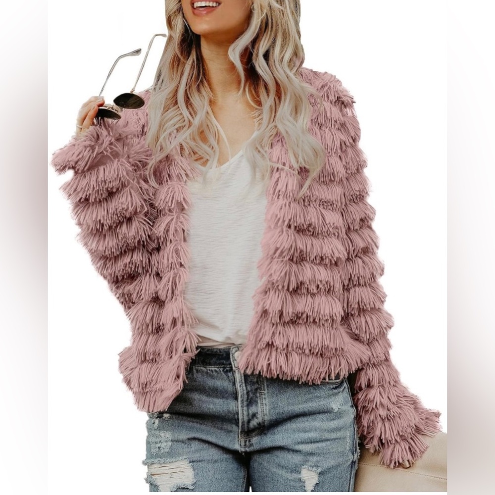 Womens Open Front Faux Fur Cardigan Vintage Parka Shaggy Jacket Coat Size Large